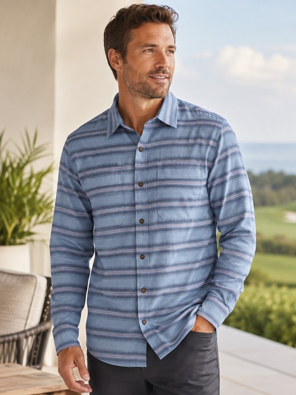 TravisMathew Light Blue Striped Button-Down Shirt